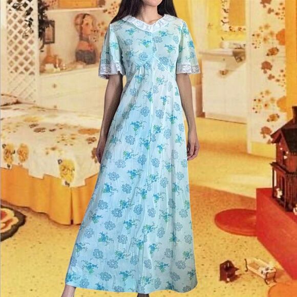 Womens Vintage Blue Flower White Lace Collar Maxi Empire Custom Dress Small - Picture 1 of 8